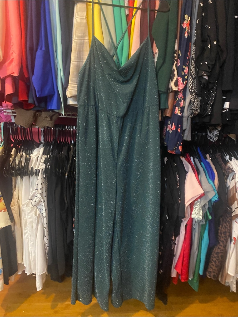 SHEIN Emerald Green Sparkle wide leg romper with Cowl Neck and pockets!